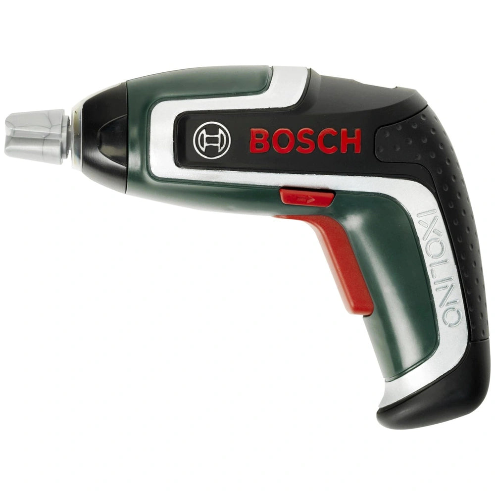 Theo Klein Bosch cordless screwdriver in green and black glossy plastic with a trigger handle and red button on top.