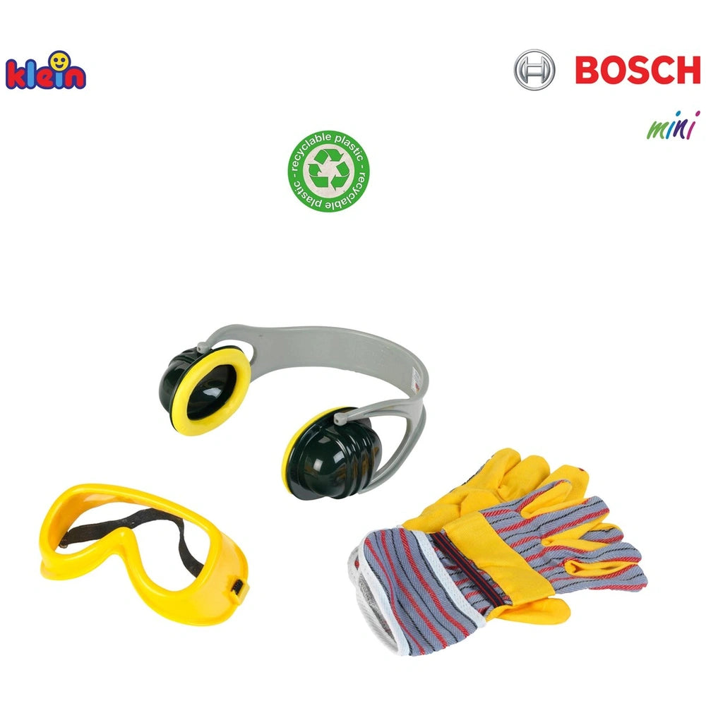 Theo Klein Bosch accessories set featuring yellow goggles, black ear protectors, and colorful gloves made from glossy plastic