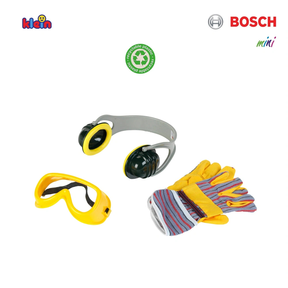 Theo Klein Bosch Accessories Set includes colorful synthetic leather gloves with multiple stripes for pretend play.