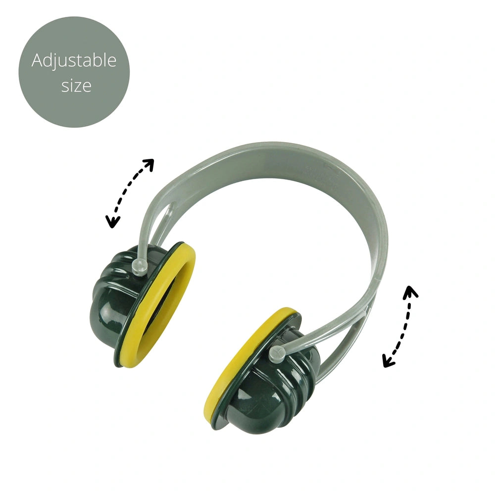 Theo Klein Bosch accessories set featuring a green headband and two yellow earbuds, adjustable size for pretend play.