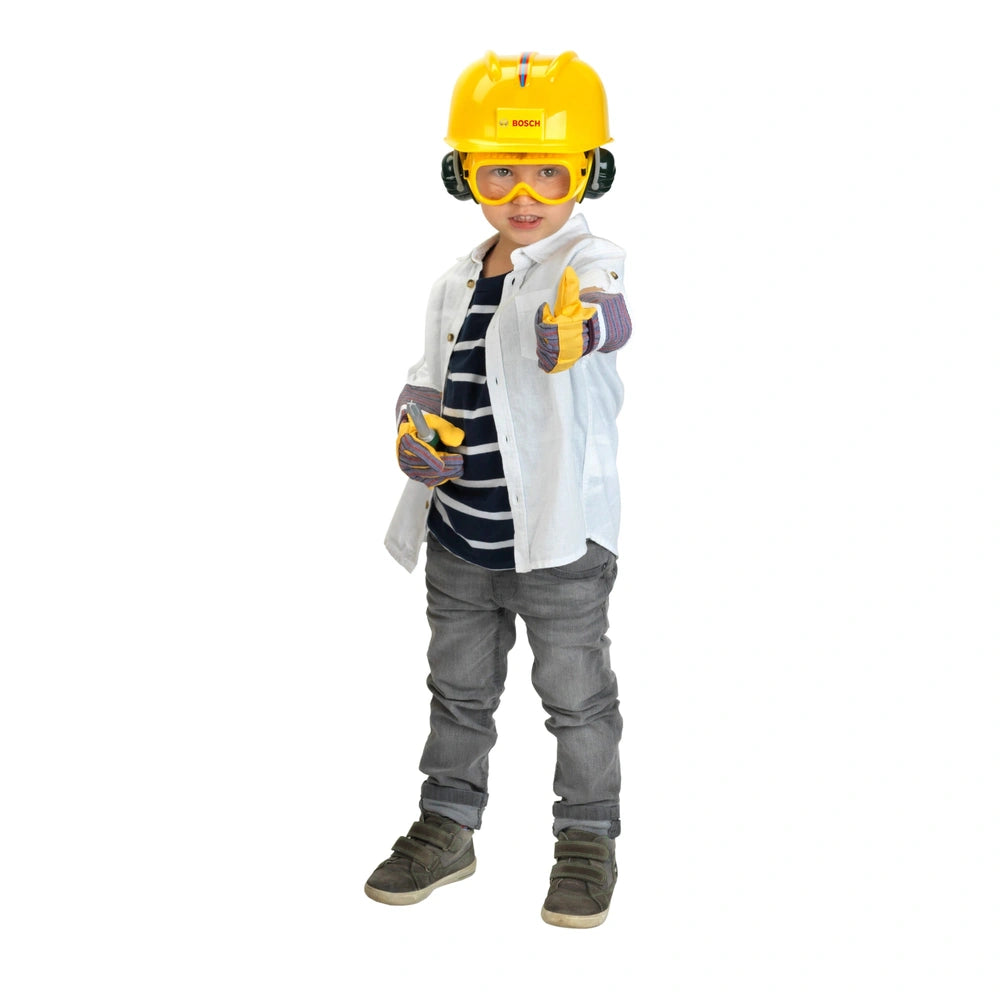 Theo Klein Bosch Accessories Set featuring a child wearing a yellow hard hat, striped shirt, and holding a yellow and black t