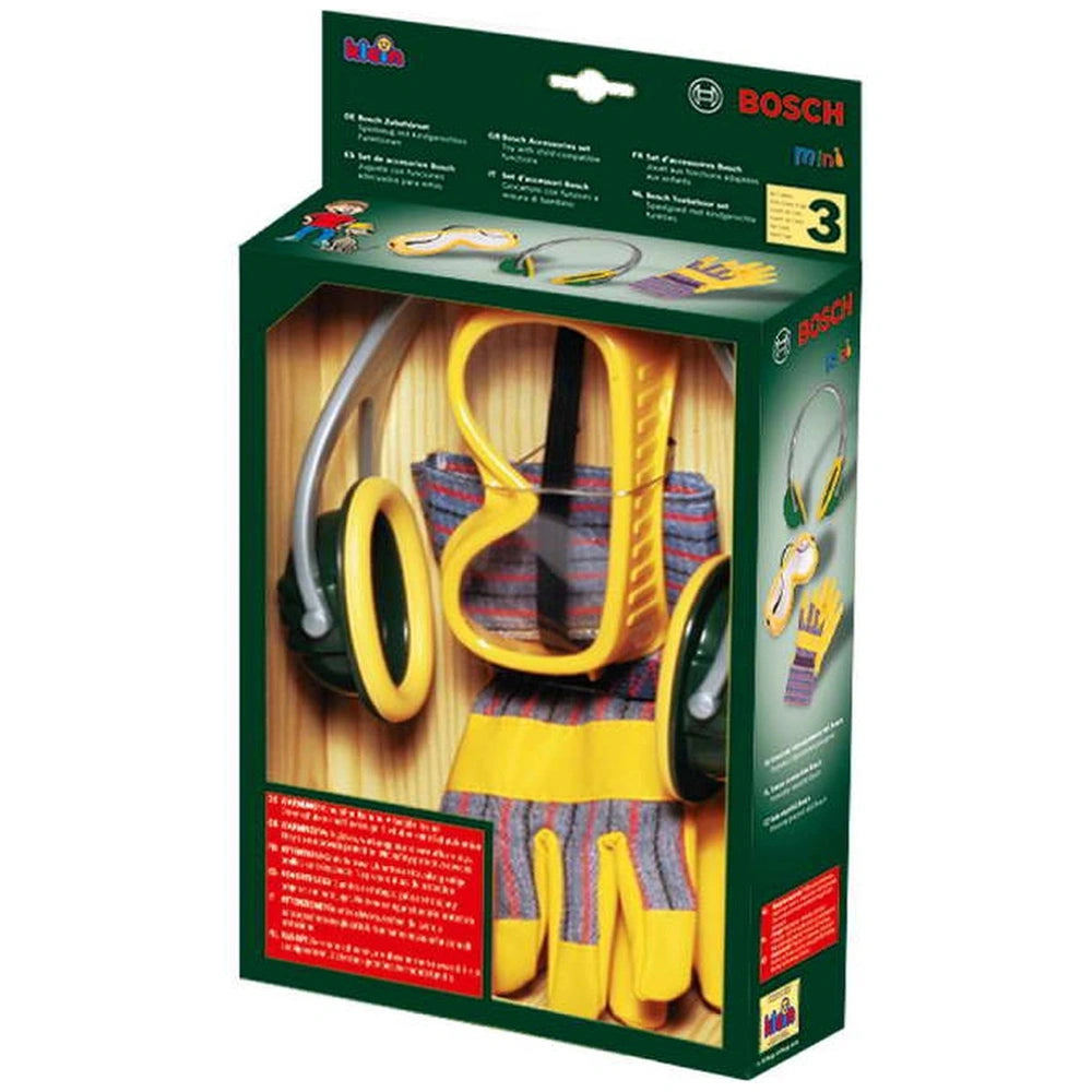 Theo Klein Bosch Accessories Set featuring yellow toy components in green cardboard packaging with printed white text and a r