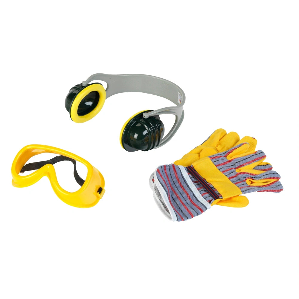 Theo Klein Bosch accessories set with yellow goggles, black ear protectors, gray headband, and yellow-striped gloves.