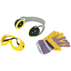 Theo Klein Bosch accessories set featuring a black and yellow headband, black earpieces, and yellow gloves with red and blue 