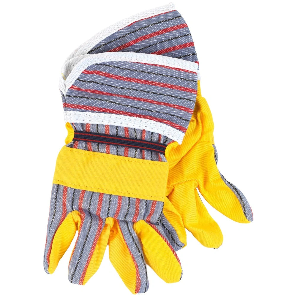 Theo Klein Bosch Accessories Set includes a pair of fabric gloves with a yellow wrist band and gray-red striped pattern.