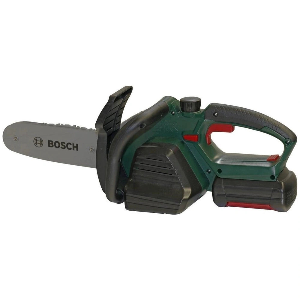 Theo Klein Bosch chain saw toy with green body, black handle and guard, red guide, and "BOSS" branding on the blade.
