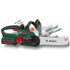 Theo Klein Bosch Chain Saw II in green and black with a glossy finish, featuring KLICK KLICK text and red button.