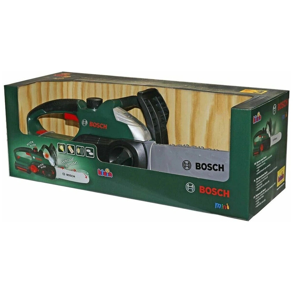Theo Klein Bosch Chain Saw II retail packaging with glossy green cardboard, featuring white text and a transparent plastic wi