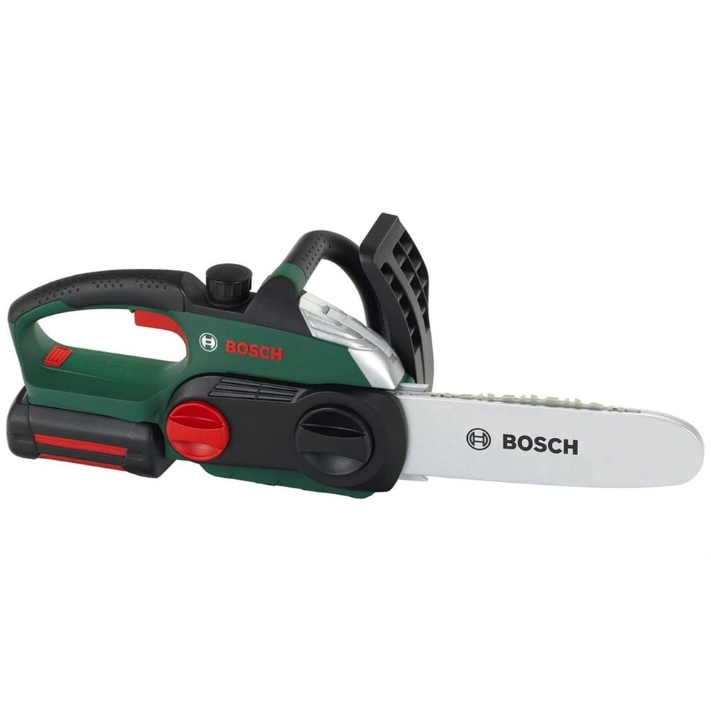 Theo Klein Bosch chain saw with a green and black body, metallic blade, and rubber handle featuring a red button.
