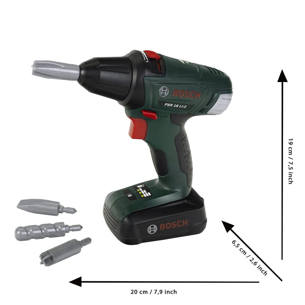 Theo Klein Bosch cordless drill in green and black with an 18V Li-ion battery pack and detailed brand labels.