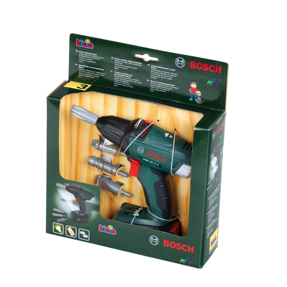 Theo Klein Bosch cordless drill/screwdriver in green packaging with red and white text, featuring a black and red battery pac