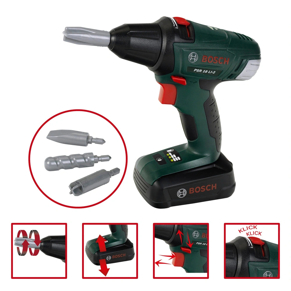 Theo Klein Bosch cordless drill in green and black with various labeled battery pack accents in red and white.