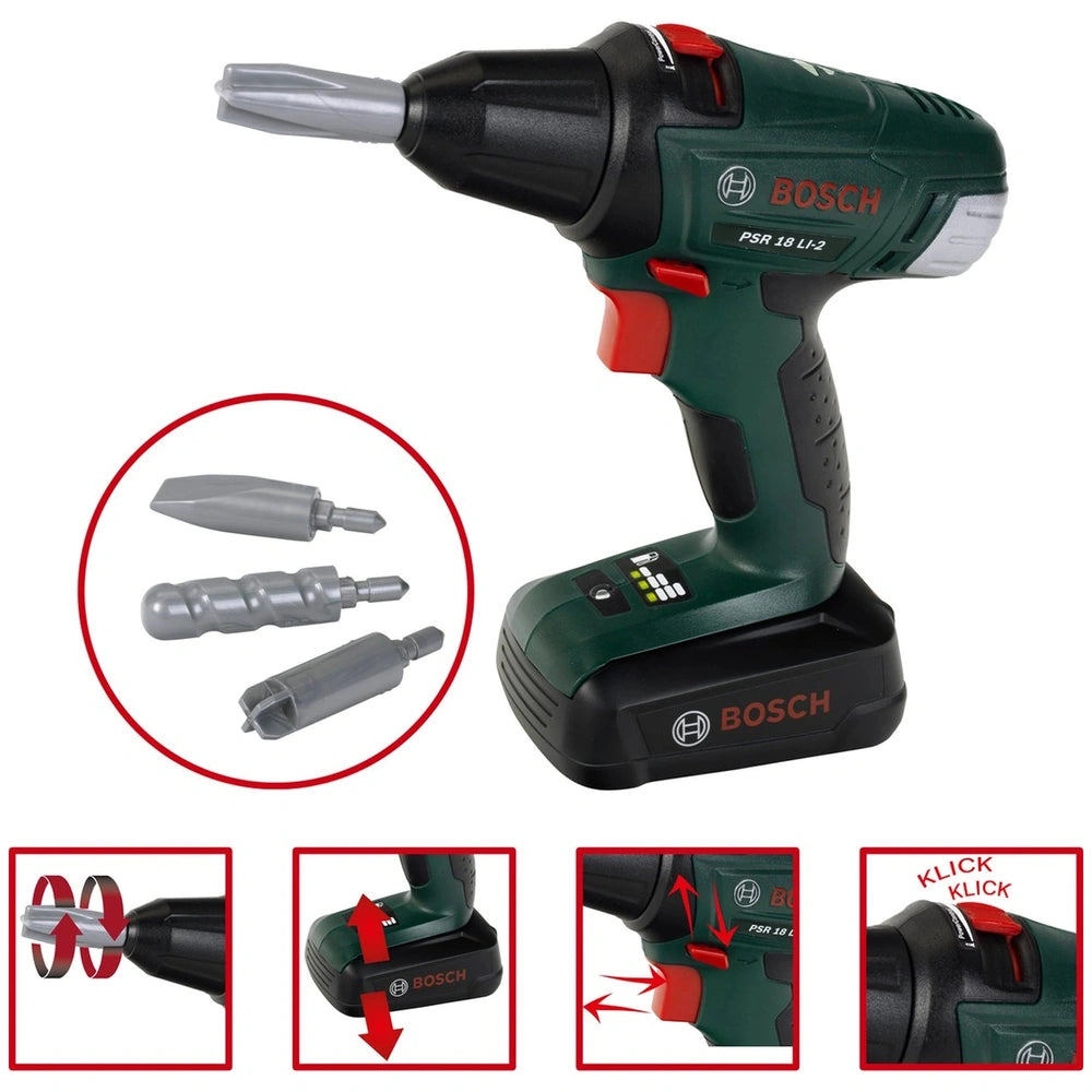 Theo Klein Bosch cordless drill with black and red design, green battery pack, gray charger, and three drill bits.