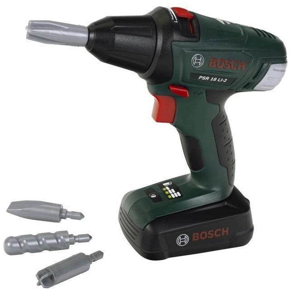 Theo Klein Bosch cordless drill in black and green with a red grip, featuring a detailed battery pack and buttons.