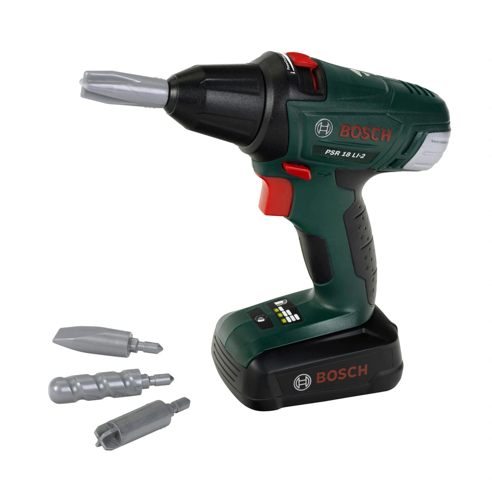 Theo Klein Bosch cordless drill in black with green accents, featuring a detailed battery pack and multiple labeled buttons.