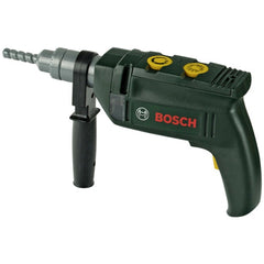 Bosch cordless drill in dark green plastic with black grip, yellow trigger, and visible white brand name "BOSCH".