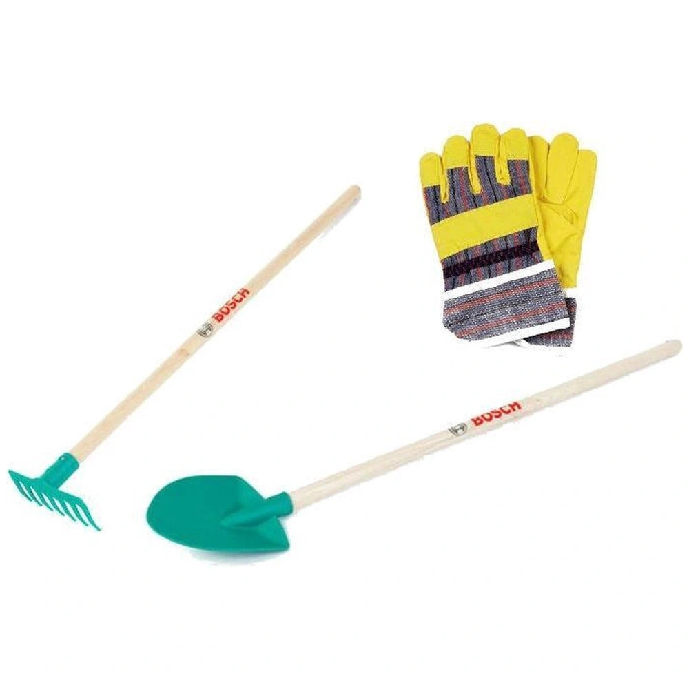 Theo Klein Bosch Garden 3-piece gardener set featuring a wooden handle, green scoop, and yellow-blue striped glove.