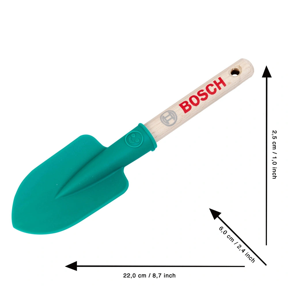 Theo Klein Bosch garden hand shovel with a green plastic blade and brown wooden handle, featuring the brand logo.