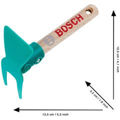 Theo Klein Bosch garden hoe with a brown wooden handle and green plastic head, featuring a hole and "BOSCH" text on the handl