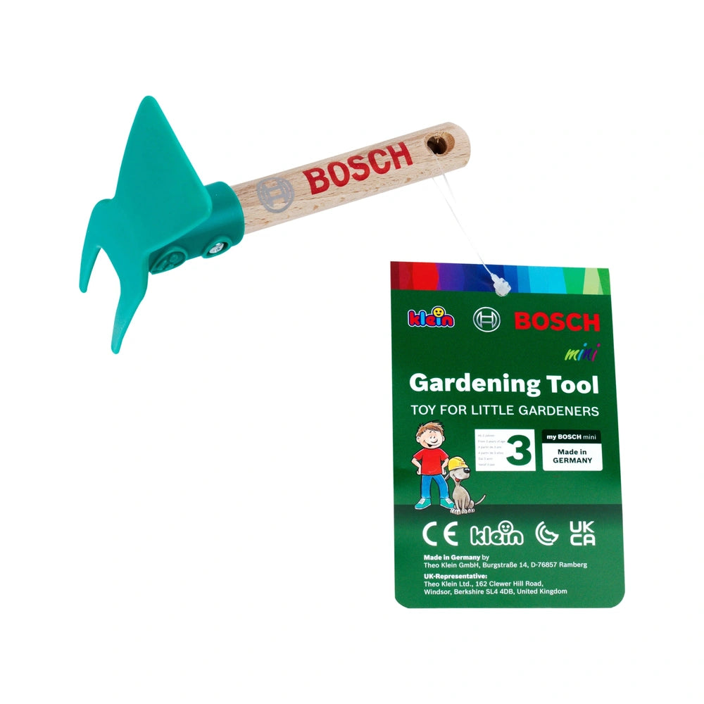 Theo Klein Bosch Garden hoe toy for little gardeners in glossy green packaging with a wooden handle and clear plastic window.