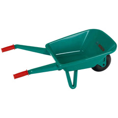 Theo Klein Bosch garden wheelbarrow in glossy green plastic with red handle and two green wheels, featuring the BOSCH logo.