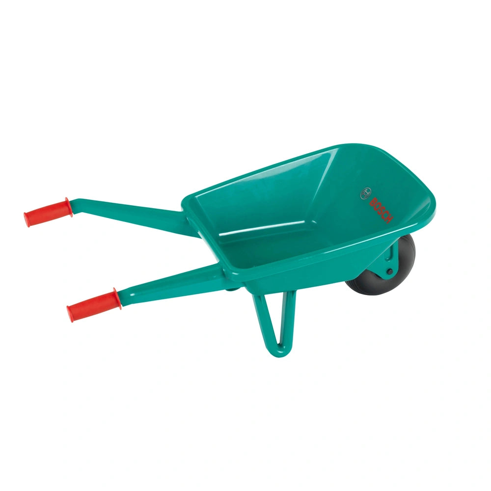 Green plastic wheelbarrow with red handles featuring "BOSC" text, designed for outdoor play equipment.