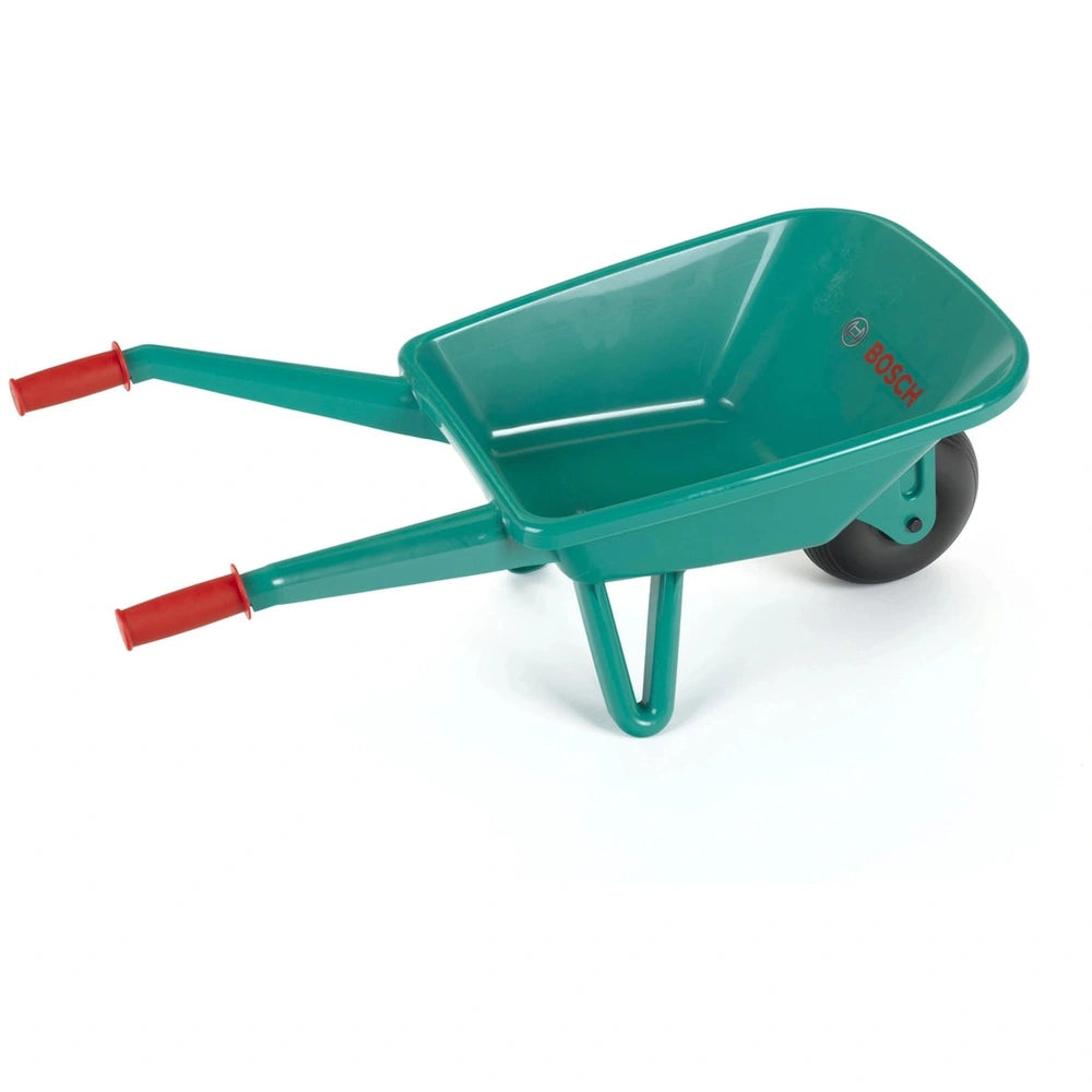 Theo Klein Bosch garden wheelbarrow features a matte green body, red handles, and a single wheel with a "BOSS" logo.