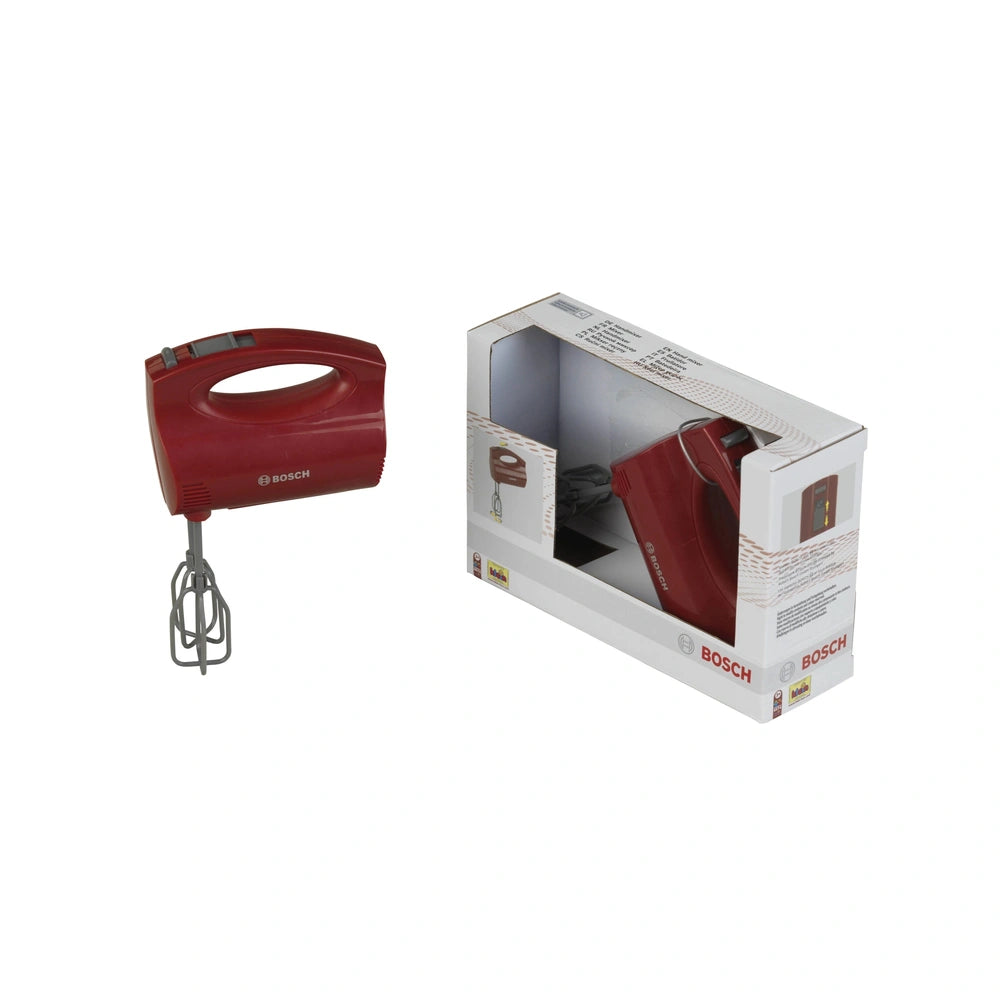 Theo Klein Bosch hand mixer in red plastic box with "BOOCH" text on white cardboard and clear plastic window.