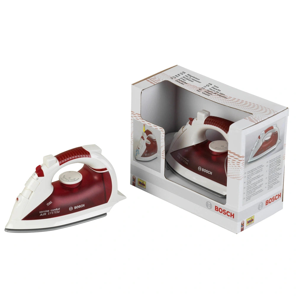 Red and white Bosch pretend iron in a cardboard box with a plastic window, featuring "BOOCH" and "AIR SYSTEM" text.