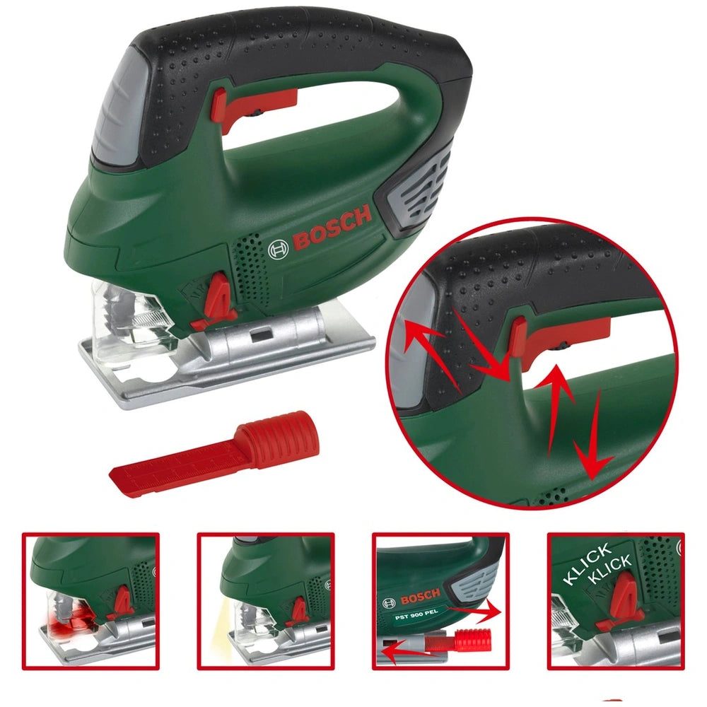 Theo Klein Bosch jigsaw in green with black grip, red blade, and silver base, featuring battery indicator and "KLICK" text.