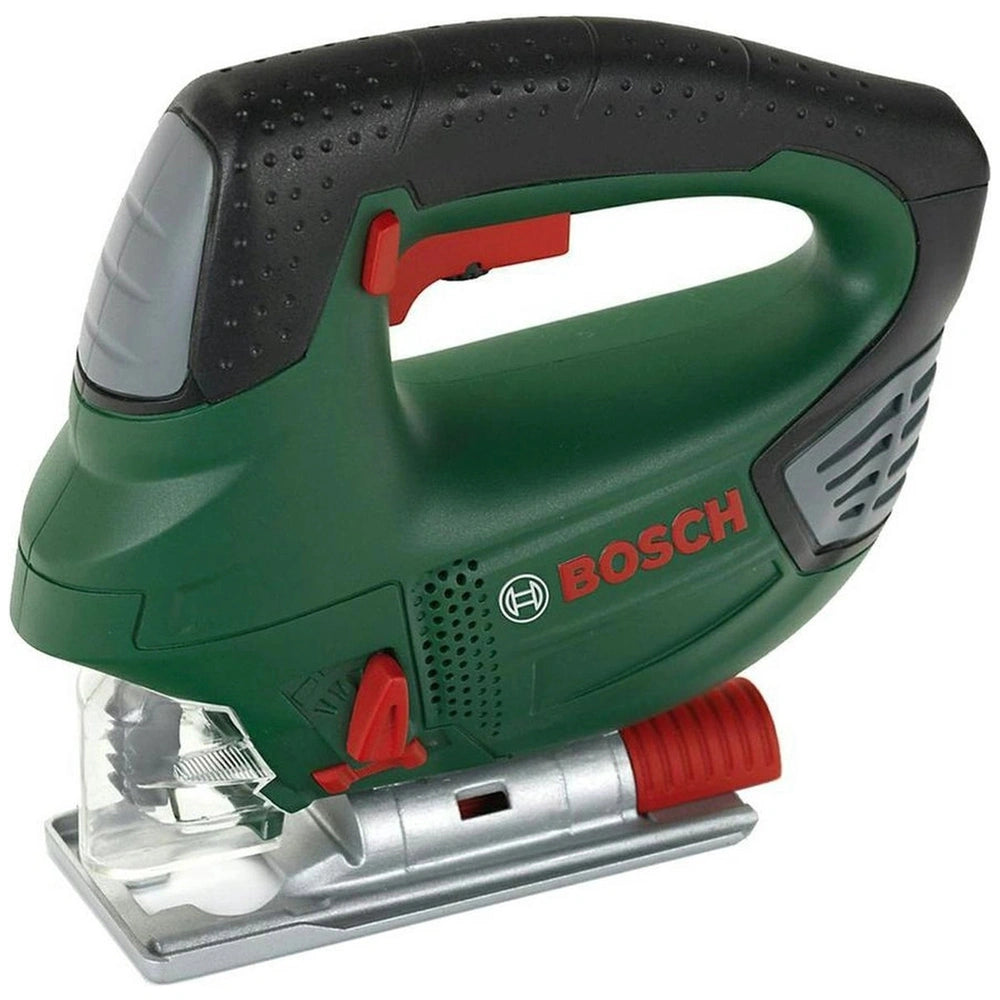 Theo Klein Bosch jigsaw toy in green with black handle, silver blade, and red switch, featuring the brand name "BOSCH".