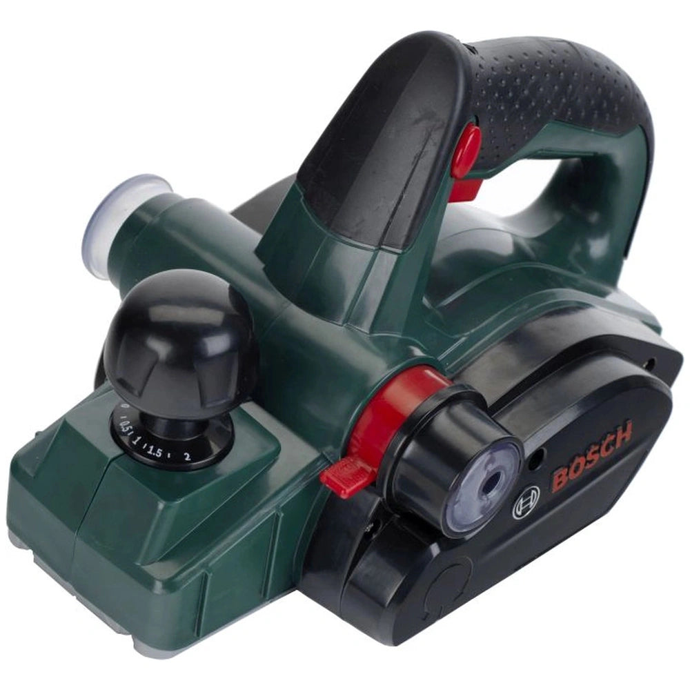 Theo Klein Bosch planer in green plastic with red trigger and black rubber grip, featuring "BOSSCH" brand name.
