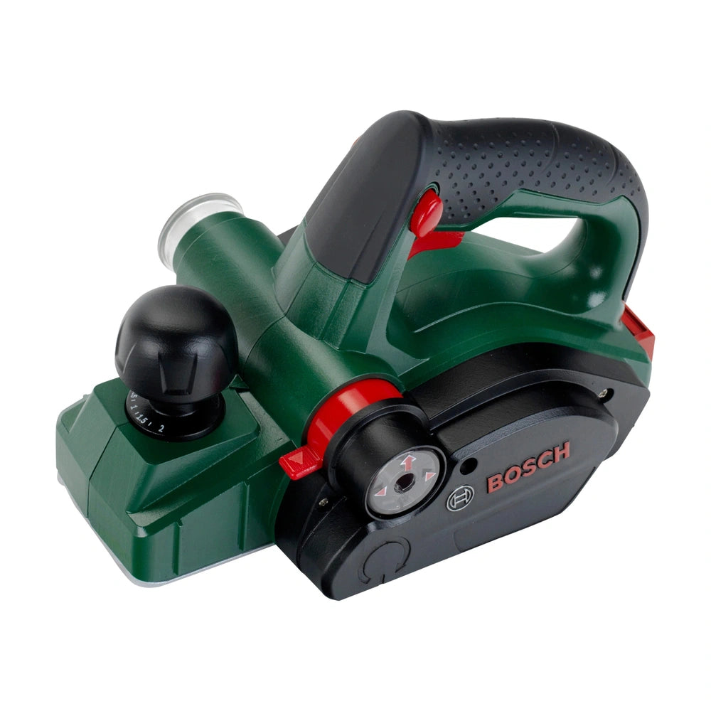 Theo Klein Bosch planer in green plastic with black handle, red buttons, and textured grip for pretend play and role-playing.