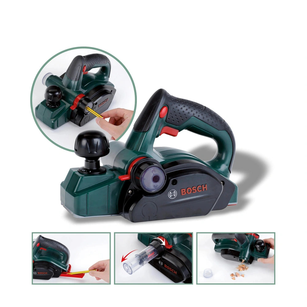 Theo Klein Bosch Planer in dark green plastic and rubber, featuring a trigger handle, clear window, and red "START" button.