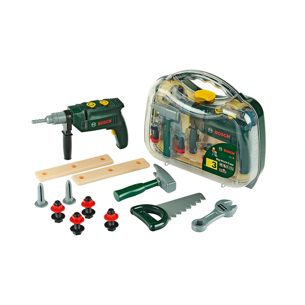 Theo Klein Bosch tool case with green and yellow power tool, metal tools, wooden dowels, and rubber stoppers.