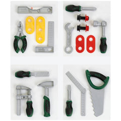 Theo Klein Bosch tool set featuring pliers, screwdriver, wrench, hammer, and measuring tape in vibrant colors and plastic/met