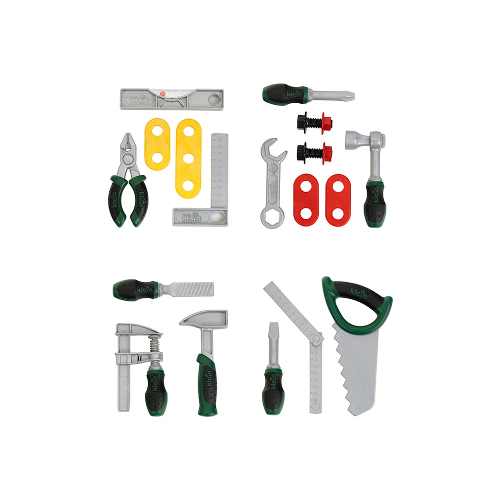 Theo Klein Bosch tool set featuring pliers, screwdriver, wrench, hammer, and various wire tools in vibrant colors.