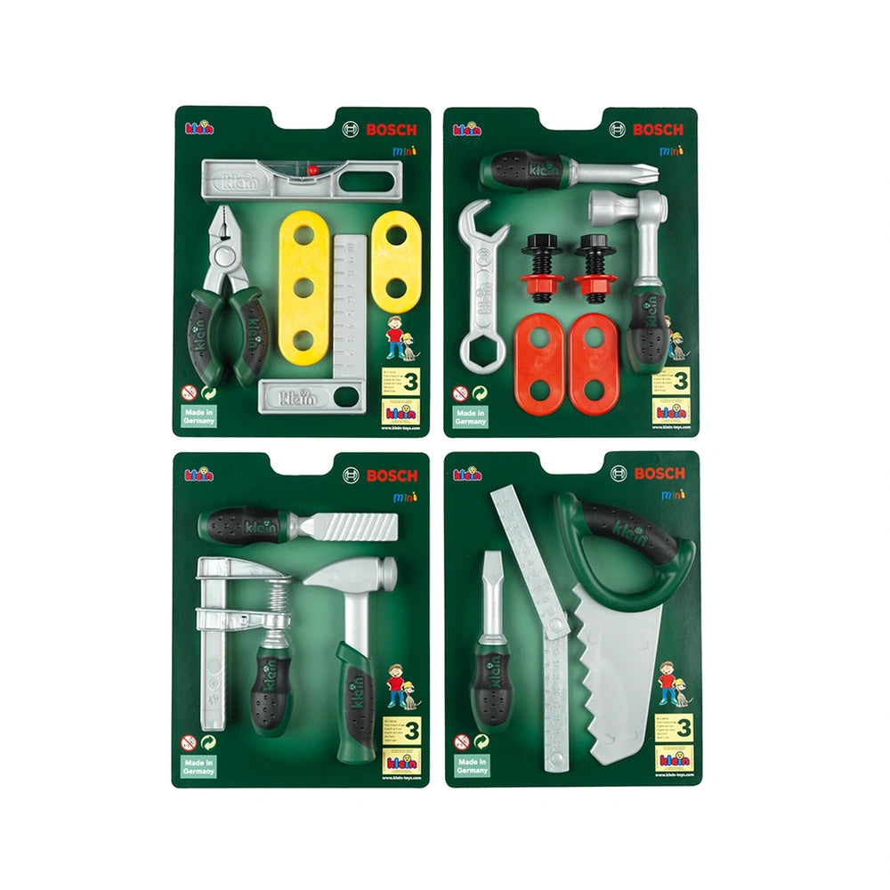 Theo Klein Bosch tool set in green cardboard packaging with various metal and plastic tools displayed on a green tray.