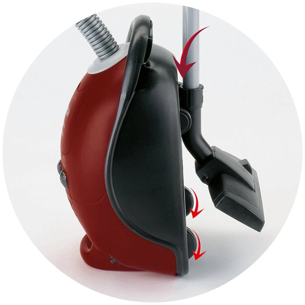 Red plastic Bosch vacuum cleaner toy with a top handle, side buttons, and a nozzle, designed for pretend play.