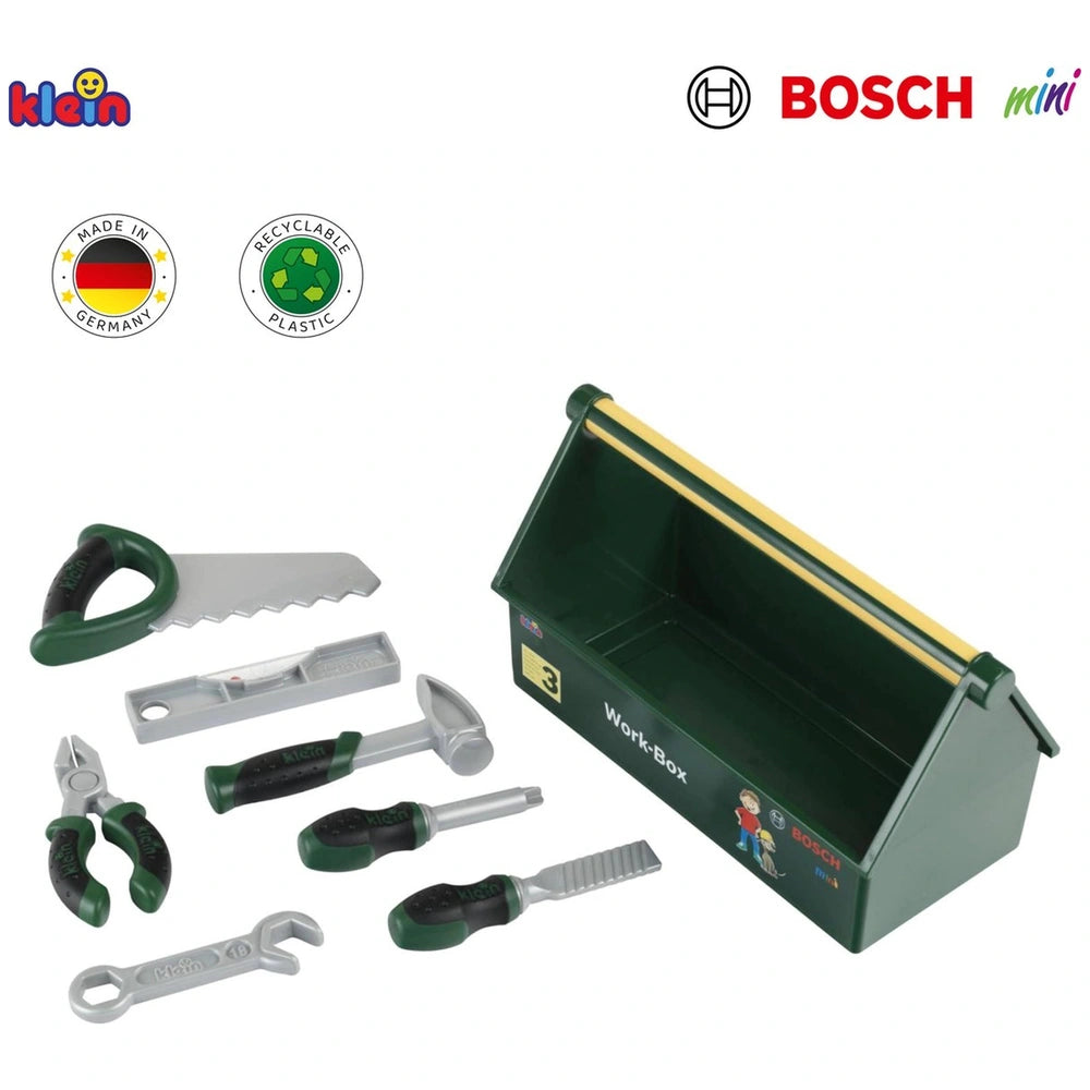 Theo Klein Bosch Work Box with green tools including pliers, wrench, and screwdriver in a sturdy green cardboard box.