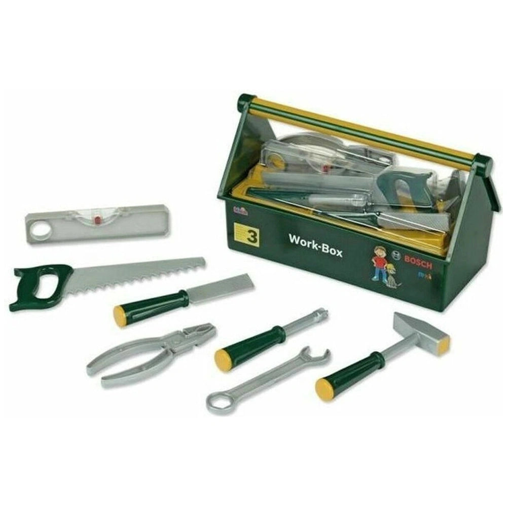 Theo Klein Bosch Work Box features a green plastic box with silver metal tools and yellow handles, labeled "Work-Box" and "Bo