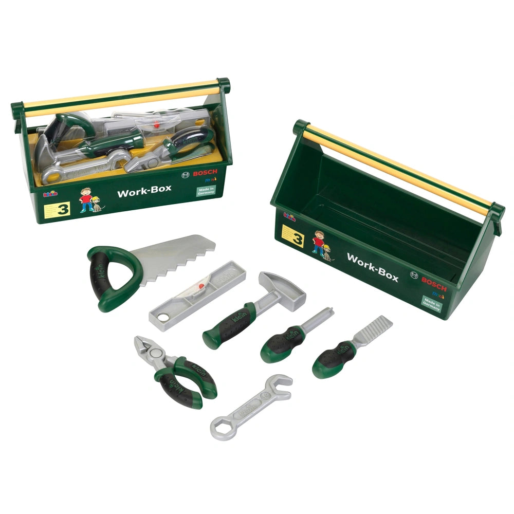 Theo Klein Bosch Work Box featuring a green plastic box and various silver metal tools with black rubber handles.