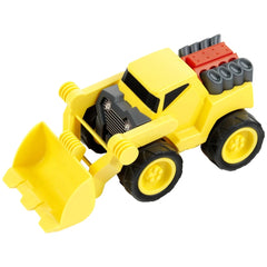 Theo Klein bulldozer 1:24 model in yellow and red, featuring front shovel, black wheels, and gray bumpers, centered view.