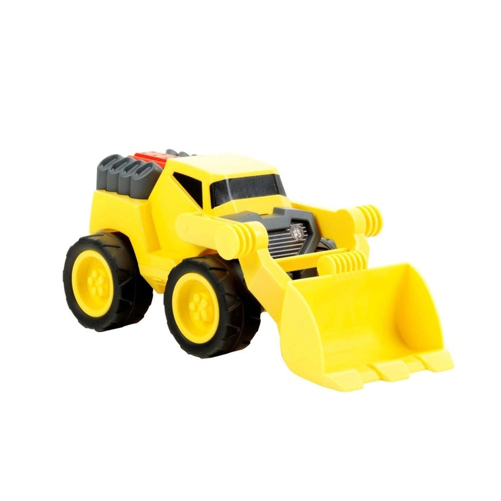 Theo Klein Bulldozer 1:24 toy vehicle in vibrant yellow plastic with black tires and detailed features, centered in front vie