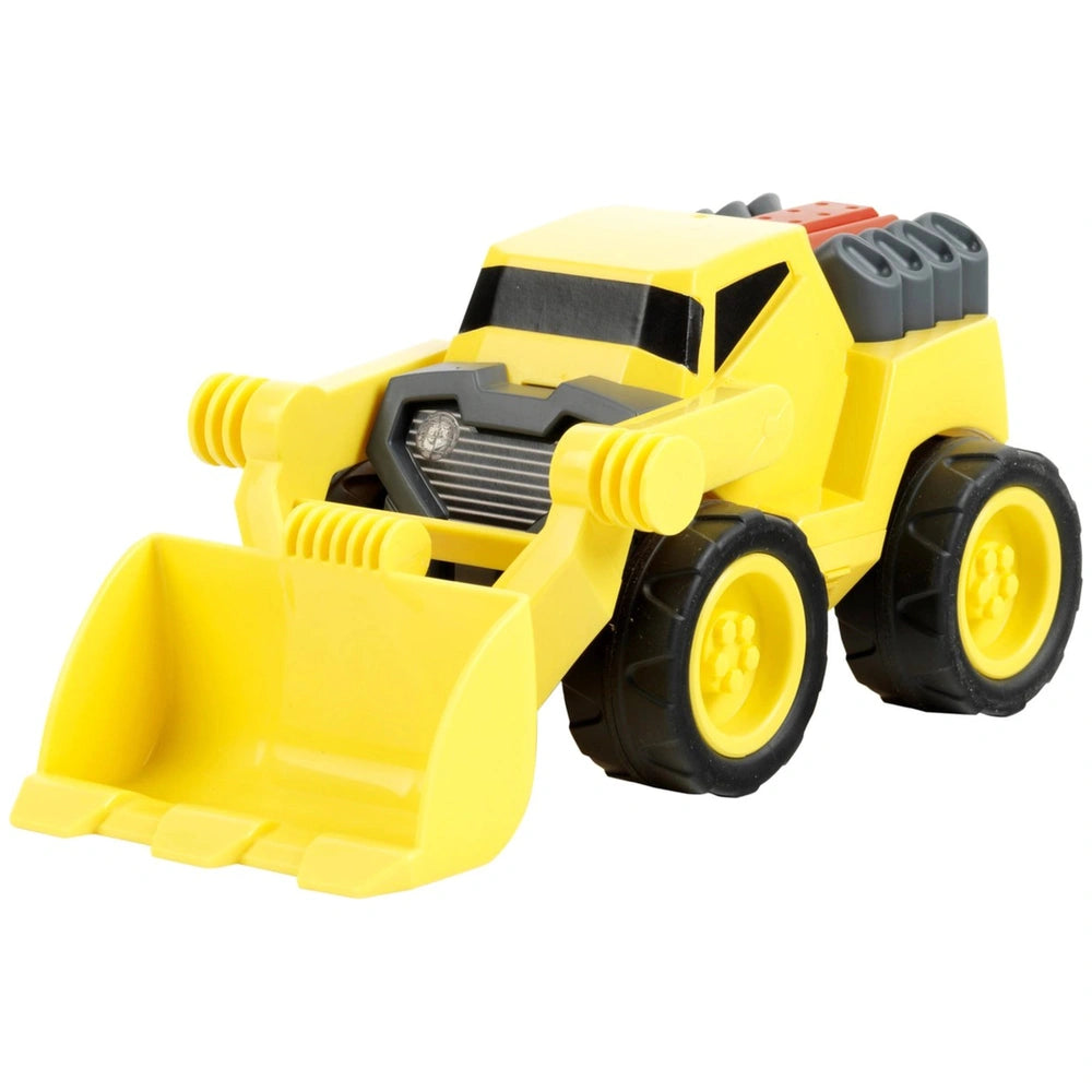 Theo Klein Bulldozer 1:24 in yellow with black accents, featuring a matte finish and textured tires, viewed from the front.