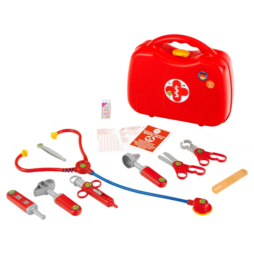Theo Klein Doctor Case features a red plastic case with a yellow handle and various red and blue plastic hoses for role-playi