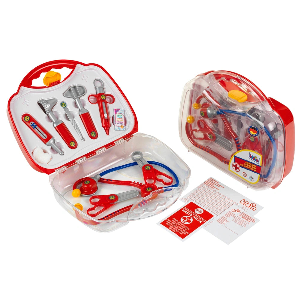 Theo Klein Doctor Case with red and blue tools inside a clear plastic packaging featuring a medical cross symbol.