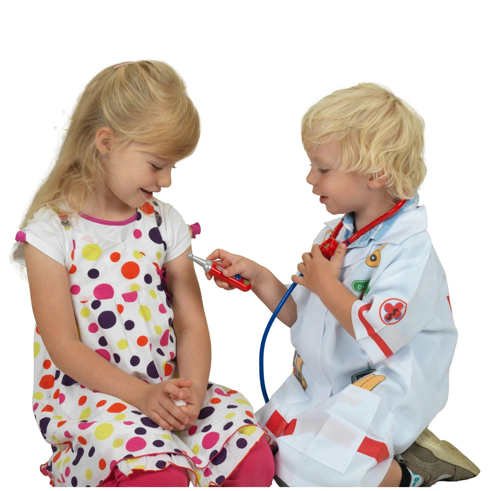 Theo Klein Doctor Case features two children role-playing as doctors, wearing colorful outfits and a stethoscope.