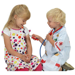 Theo Klein Doctor Case features two children in a lifestyle scene, one dressed in a polka dot dress and a doctor's coat.