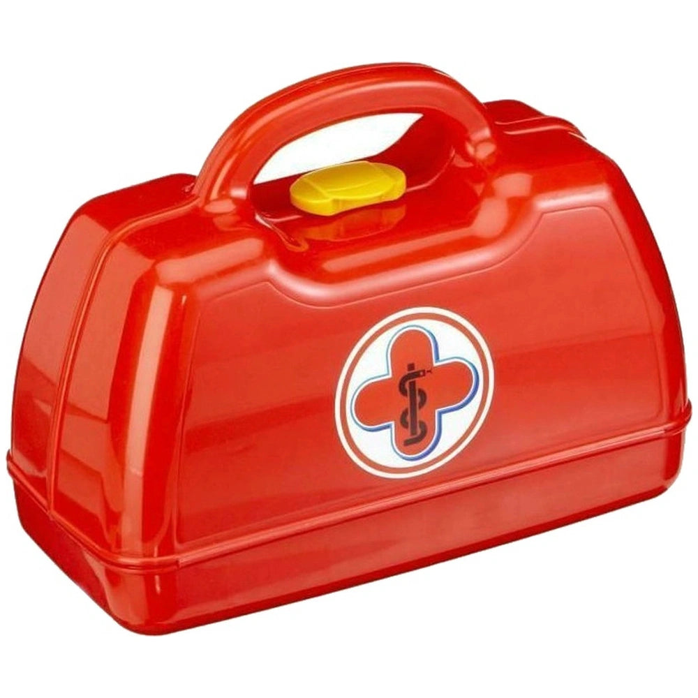 Theo Klein Doctor Case in red plastic with a yellow lid, featuring a trapezoidal design for pretend play and role-playing.